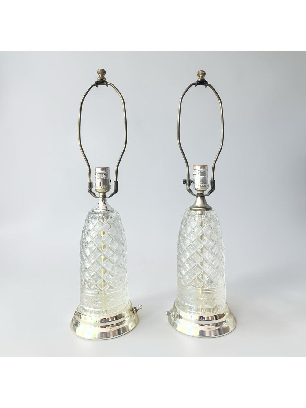 1980s Vintage Pair of Leviton 3-Way Cut Glass Crystal Gold Tone Table Lamps 22”